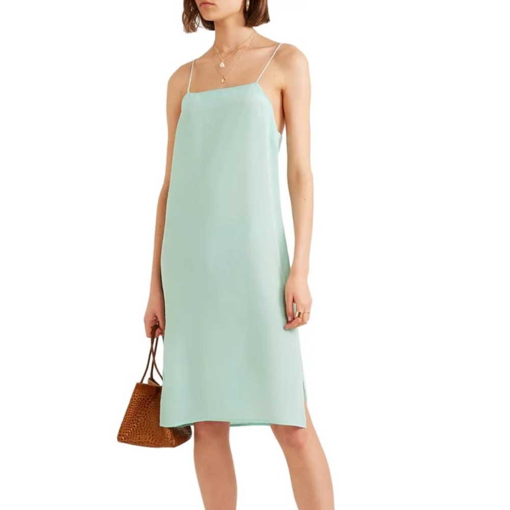 NWT Matin Sea foam Blue Green Silk Crepe Slip Strap Dress square neck